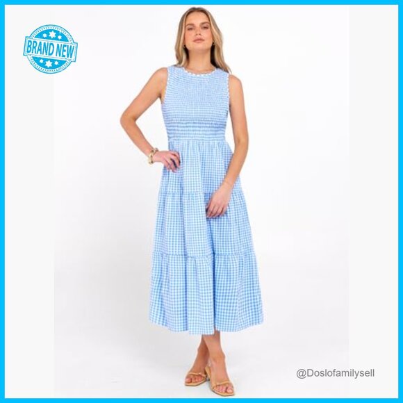 Sleeveless Crewneck Maxi Dress Smocked Tiered Boho Casual Beach Sundress - Picture 2 of 7